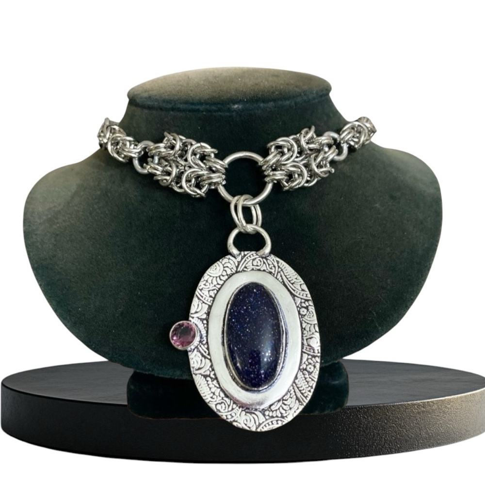 Genuine blue goldstone and purple amethyst gemstone boho maille silver necklace